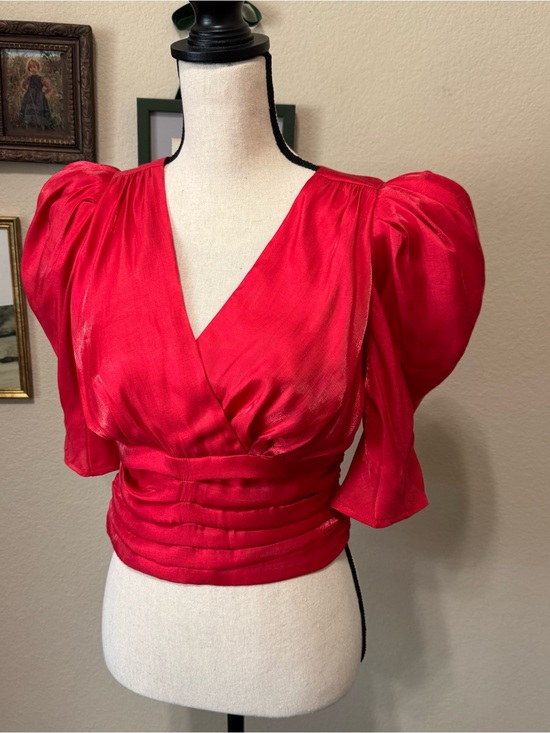 Ciebon Tops - CIEBON | Farrah Shimmer Satin Red Puff Sleeve Shirt Blouse XS NWT